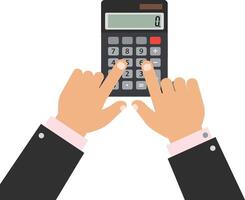 Hands in a suit using a calculator to perform calculations in a minimal flat design illustration vector