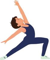 Dynamic young man performing a yoga pose in a flat design style showcasing balance and flexibility in vibrant art vector