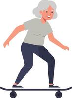 Active older woman joyfully skateboarding on a board with a flat design style showcasing movement and vitality in vibrant illustration vector