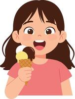 Happy young girl with brown hair enjoying a delicious ice cream cone in a flat illustration showcasing joy and delight in a playful setting vector