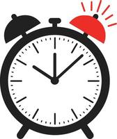 Classic alarm clock in minimal style featuring a vibrant red bell and clear black outline, showcasing the concept of time in art vector
