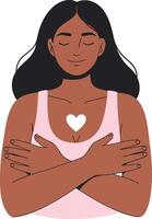 A woman embracing herself with a soft smile, showcasing self-love in a minimal flat design illustration vector