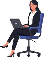 Businesswoman in formal attire working on a laptop while seated in an office chair, minimal illustration showcasing focus and professionalism in a modern workspace art vector