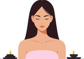 Serene woman with closed eyes in a calming spa setting surrounded by candles, minimalistic design style, illustration vector