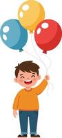 Happy child holding colorful balloons in a joyful pose, showcasing flat design style, cheerful atmosphere in playful illustration vector