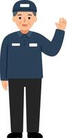 Friendly elderly man in a blue uniform waving, flat design illustration showcasing warmth and approachability in a simple setting vector