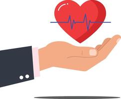 A hand presenting a red heart with a heartbeat line in a flat design style representing health and care in vibrant art vector