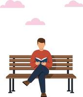 A young man reading a book on a wooden bench beneath soft pink clouds in a minimal, flat illustration vector