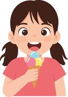 Happy young girl enjoying colorful ice cream cone in flat design art style with cheerful expression, showcasing joy and delight in a playful setting, illustration vector