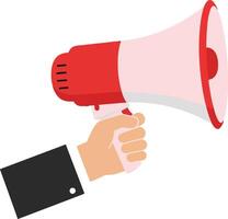 A hand holding a red megaphone in a professional setting, showcasing a flat design style, conveying communication and announcement in vibrant art vector