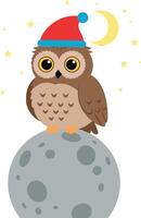 Adorable owl wearing a red hat perched on a gray moon under a starry night sky in a playful flat illustration vector