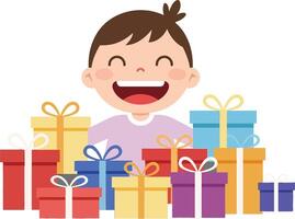 Happy child surrounded by colorful gift boxes in a flat, cheerful design style illustration vector