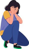 A woman crouched down in a thoughtful pose, showcasing minimal design style, expressing emotion and introspection in this illustration vector