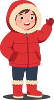 Cheerful young boy in a bright red winter coat and boots waving happily in a flat illustration vector