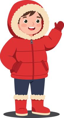 Cheerful young boy in a bright red winter coat and boots waving happily in a flat illustration