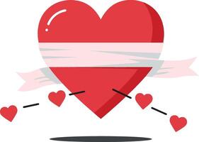 Large red heart wrapped with a white ribbon and small hearts floating around in a minimal flat illustration vector