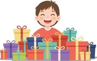 A joyful child surrounded by colorful wrapped gifts in a flat, cheerful design style showcasing excitement and celebration in art vector
