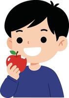 Happy young boy smiling while holding a red apple in a flat, minimal style illustration vector