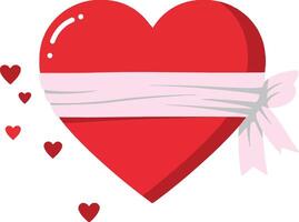 A large red heart wrapped with a white ribbon and smaller hearts floating around it in a minimal art style vector