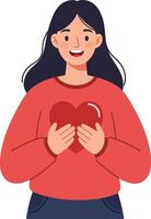 A cheerful woman in casual attire holding a bright red heart symbol in a minimal flat design illustration vector