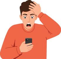 A man looking shocked while holding a smartphone with a worried expression, flat illustration depicting surprise and concern in a minimalist style, art vector