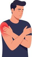 Man with shoulder pain in a flat design style, displaying discomfort while holding his arm, conveying a serious mood in illustration vector