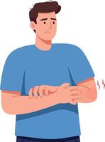 Concerned young man in a blue shirt rubbing his arm in discomfort, displaying a flat and minimal design style in illustration vector