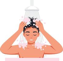 Young man enjoying a refreshing shower with soap bubbles in a minimalistic flat design illustration vector