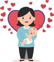 Caring mother holding a joyful baby surrounded by floating hearts in a flat illustration vector