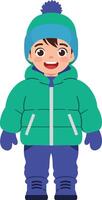 A cheerful young boy in a green puffer jacket and blue snow pants wearing a matching hat and gloves, designed in a minimal illustration style vector