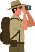 A park ranger observing wildlife through binoculars while wearing a hat and carrying a backpack in a flat illustration vector