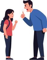 A man scolding a young girl in a confrontational stance, showcasing flat art style emphasizing emotions and communication dynamics in a tense atmosphere illustration vector