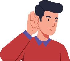 A young man in a red sweater listening intently with a curious expression in a flat illustration style showcasing engagement and focus in communication art vector