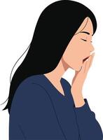 A woman yawning while wearing a blue sweater, depicted in a minimal flat design style, conveying feelings of tiredness and relaxation in art vector