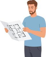 A man examining architectural blueprints with focused expression in a flat design style art vector