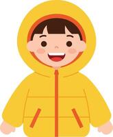 Cheerful child wearing a bright yellow puffer jacket in a minimal flat design art style, radiating happiness and warmth in a playful setting. vector