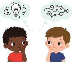 Two curious boys with thoughtful expressions sharing creative ideas in a flat and colorful illustration, showcasing imagination and collaboration in a playful setting vector