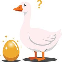 A curious white goose standing beside a shiny golden egg in minimal flat art style, expressing wonder and surprise in a whimsical setting vector