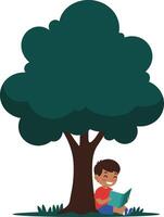 A joyful boy reading a book under a large green tree in a flat illustration showcasing innocence and tranquility in natures embrace art vector