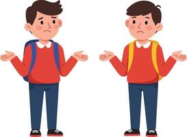 Two confused boys in colorful sweaters with backpacks standing side by side in a minimal, expressive illustration vector
