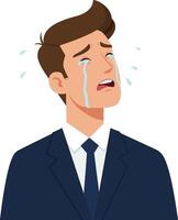 A distressed businessman shedding tears in a formal suit, depicted in a minimal and colorful design style, expressing deep emotions through illustration vector