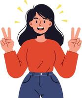 Cheerful woman in a red sweater making peace signs with her hands in a flat illustration, exuding positivity and joy in a minimalist style art vector