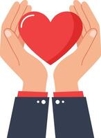 Hands holding a red heart symbol in a flat design style representing love and care in art vector