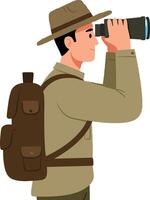 Adventurous man in a brown hat and backpack observing nature with binoculars in a flat illustration style showcasing exploration and curiosity in the outdoors art vector