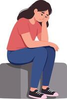 A young woman sitting on a block with a thoughtful expression in a flat design illustration conveying introspection and reflection in a minimalistic style vector
