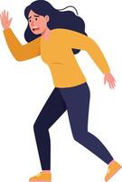 A woman in a yellow sweater and blue jeans running with urgency in a flat illustration, expressing determination and movement in a minimalist style art vector