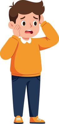 Concerned young boy in an orange sweater looking worried with hands on his head in a flat illustration