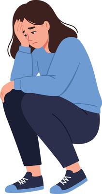 A young woman sitting on the floor with her knees drawn up, wearing a blue sweater and dark pants in a minimal illustration