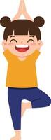 A cheerful girl practicing yoga in a playful pose wearing a bright yellow shirt and blue pants in a flat illustration vector