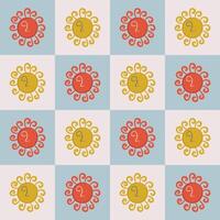 Sun seamless pattern. Happy Easter print. Boho style background with mystical Sun on checkered backdrop. Hand drawn flat design illustration. vector